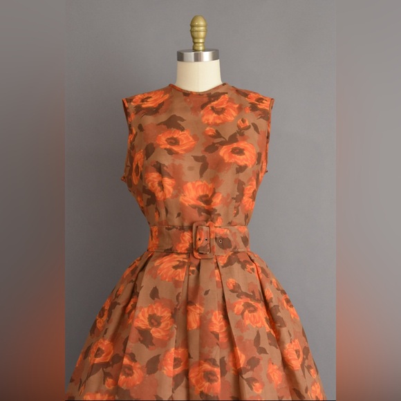 vintage 60s dress | Gorgeous Orange Floral Print Fall Full Skirt Dress - Picture 3 of 7